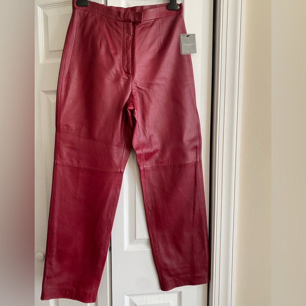 Genuine red leather pants, brand new, size 12.
